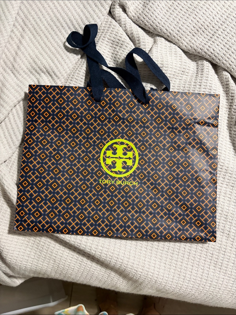 Tory Burch Navy and Orange Patterned Shopping Bag with Neon Green Logo